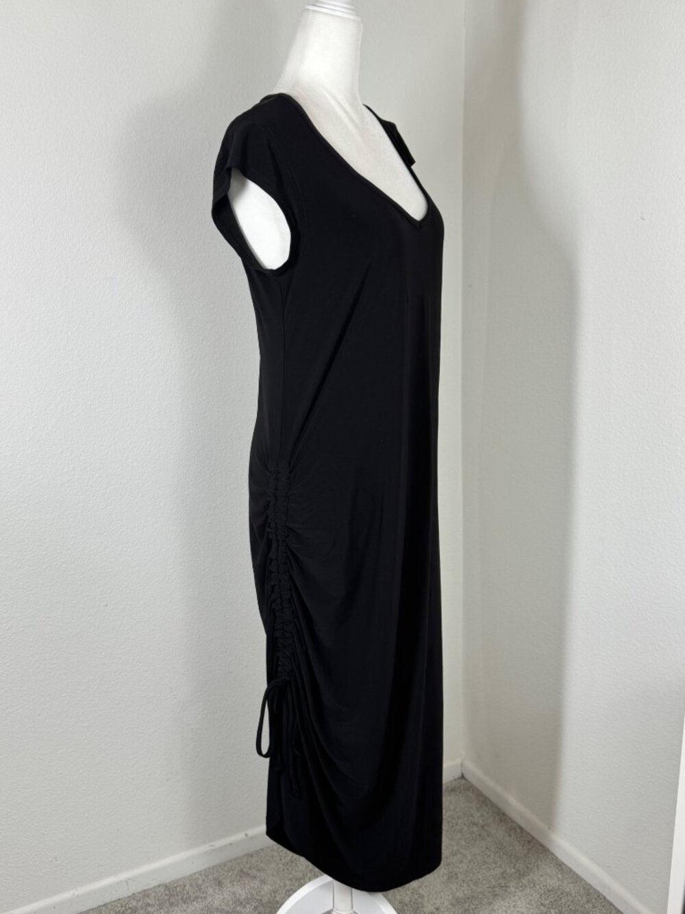 Joseph Ribkoff Dress Black Jersey Midi Side Ruching V Neck Sz 10 Short Sleeve - Picture 5 of 13
